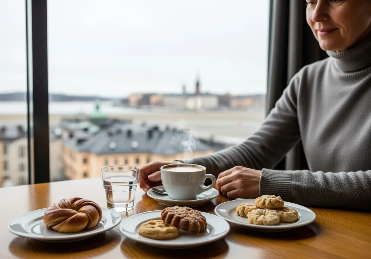 Fika efter flygtur i Stockholm
