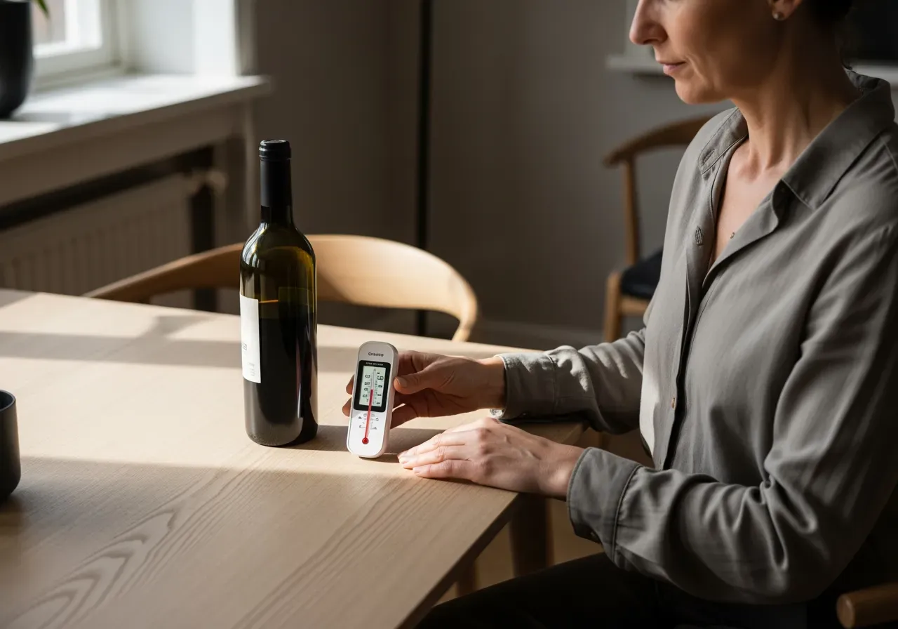 Termometer på bordet bredvid vinflaska